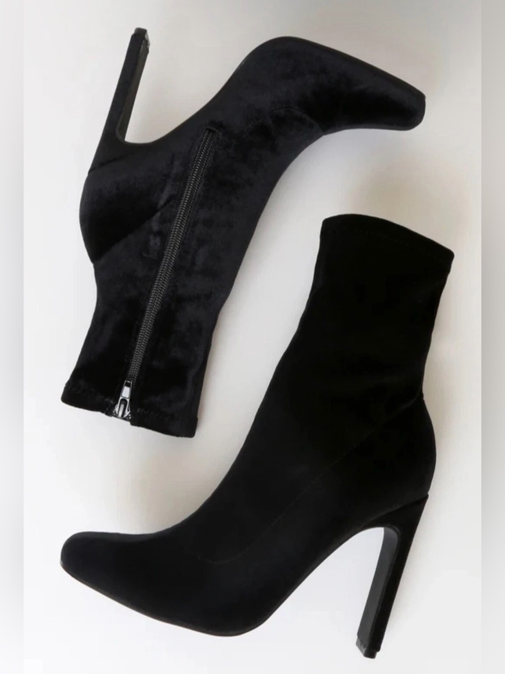 Lulus Loriah Black Velvet Square Toe Mid Calf Boots 4.25” Block Heel Size 10
